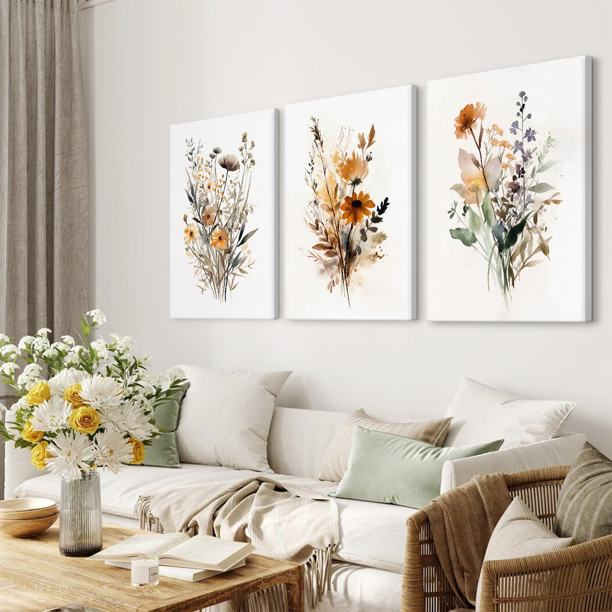 Botanical Wall Art Set of 3 Floral Wall Decor Prints Vintage Canvas Wa ...