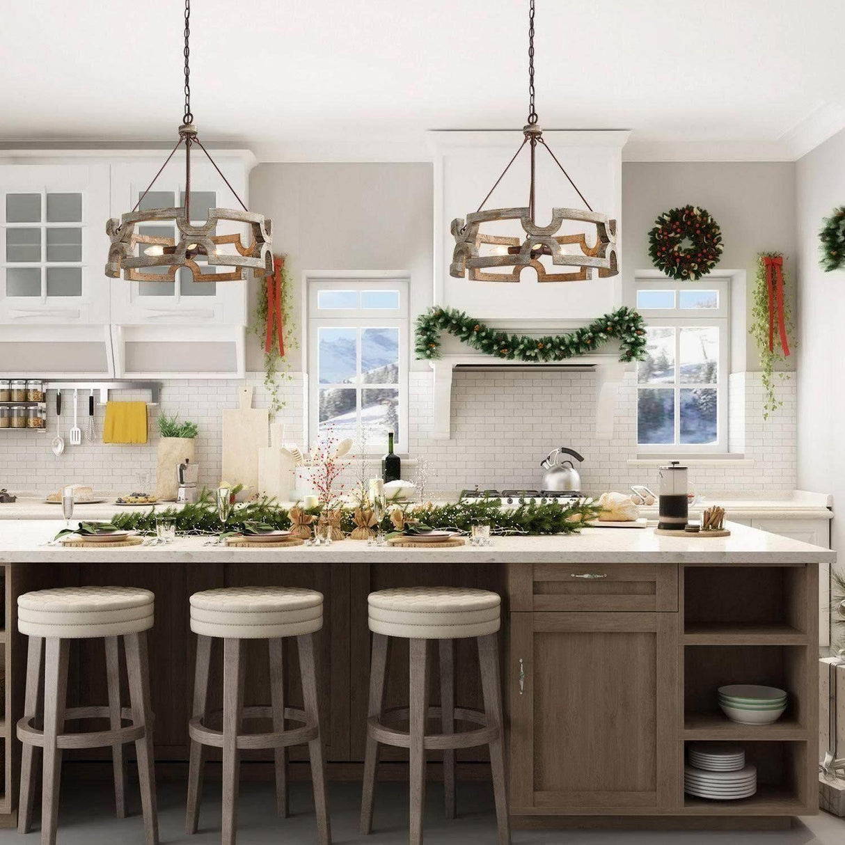 GEPOW Farmhouse Wood Chandelier, Round Drum Light Fixture for Dining Room, Living Room, Bedroom, Kitchen Island and Foyer GEPOW