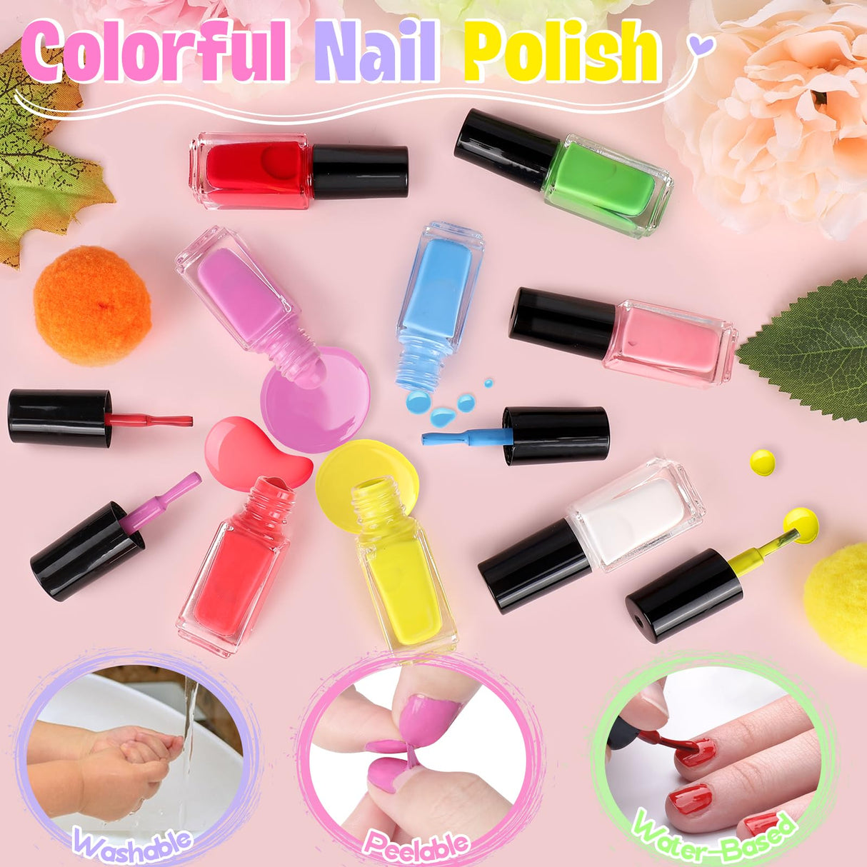 Kids Nail Polish Set for Girls, Nail Art Kit with Nail Dryer & Storage Case, Non-Toxic Peel-Off Quick Dry Nail Polish for Kids, Birthday Christmas Gift for Kids Ages 6-12 FUSPWEAO