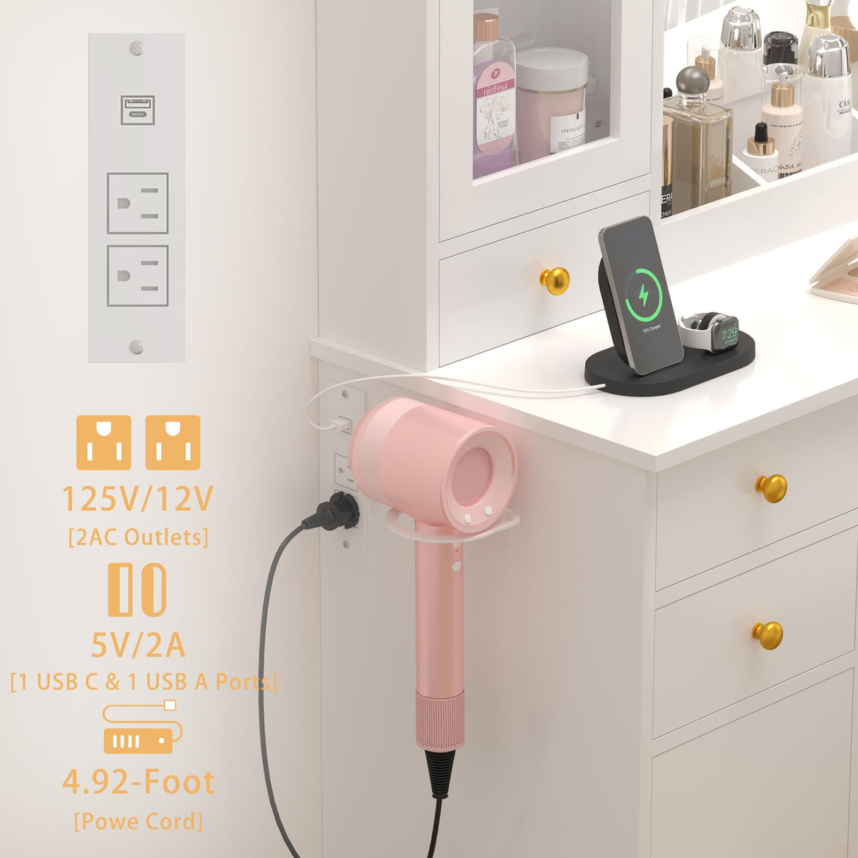 Wodeer Vanity Desk with Mirror and Lights, 43" White Makeup Vanity Set with 5 Drawers & Glass Cabinets, Storage Stool, Power Outlet & Adjustable LED Lights, Dressing Table for Women & Girls Bedroom Wodeer