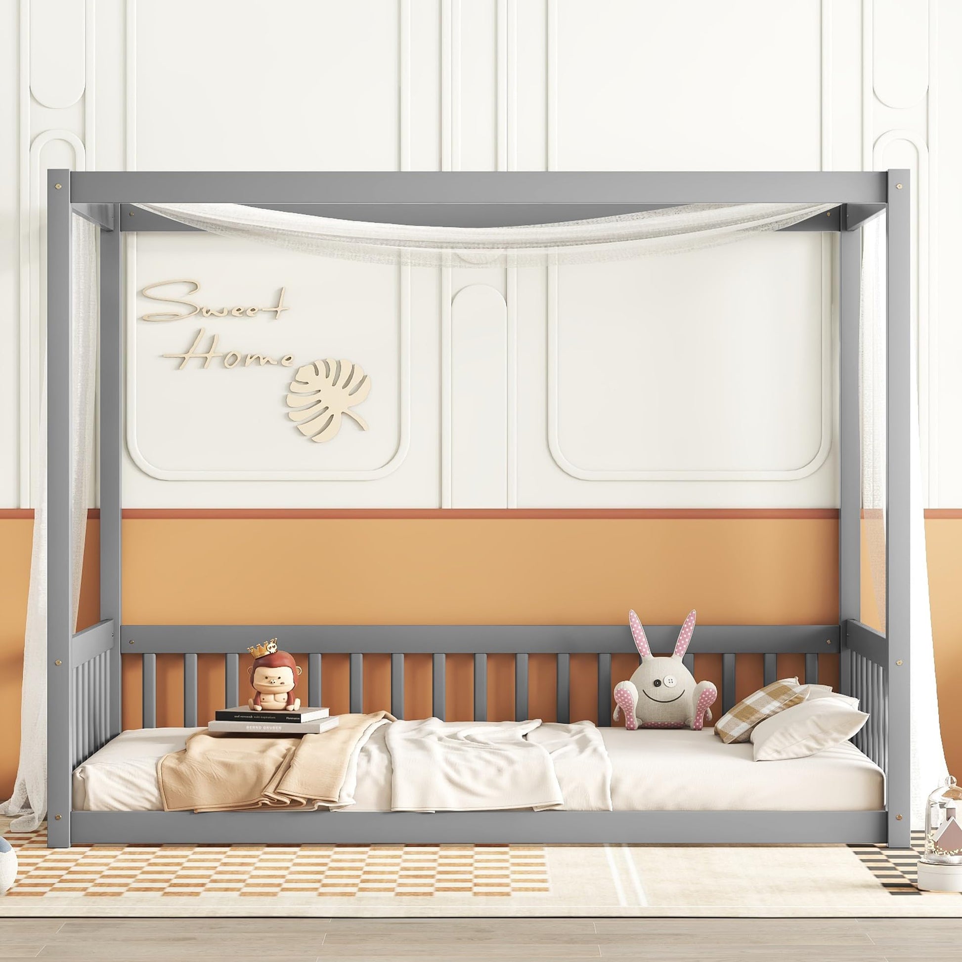 Luxo Abode Twin Size Montessori Canopy Bed Frame with Guardrails in Grey - WoodArtSupply