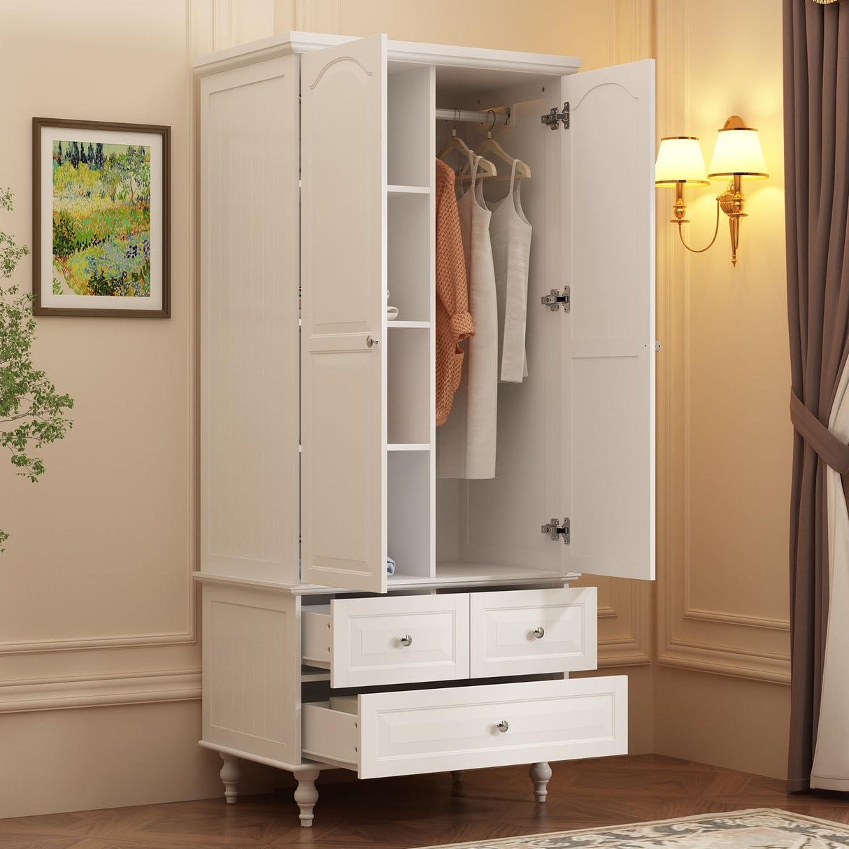 FUNISIR Bedroom Wardrobe Cabinet with 2 Doors, Wood Armoire Closet with Hanging Rod, Wardrobe Closet with 3 Drawers & Multi-Shelves for Clothes Organize, White (19.7" D x 31.5" W x 70.9" H) FUNISIR