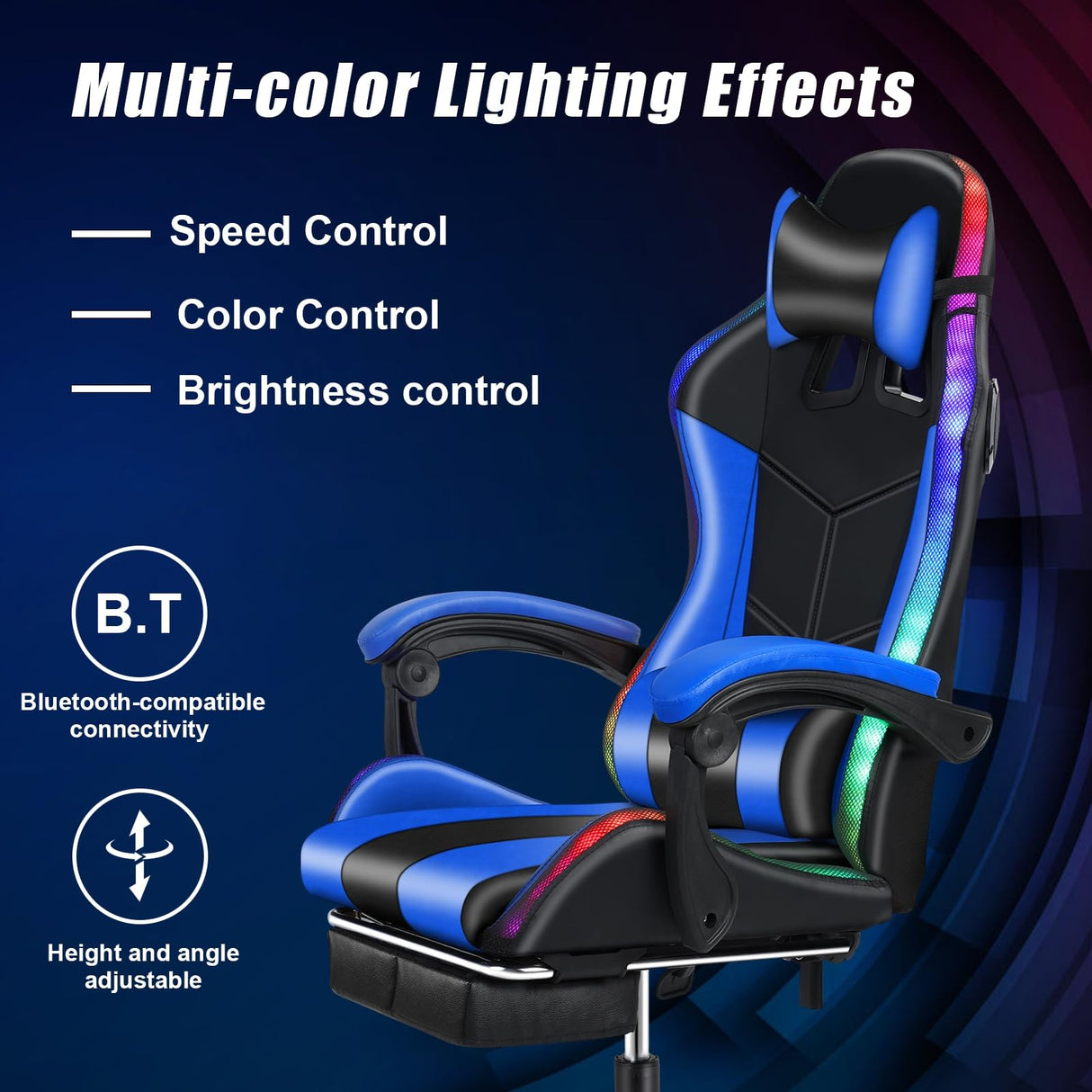 pofluany Gaming Desk Chair, Gaming Chair with Bluetooth-Compatible Speakers and RGB LED Lights, Ergonomic Massage Computer Chair with Height Adjustable, Video Game Chair High Back with Lumbar Support pofluany