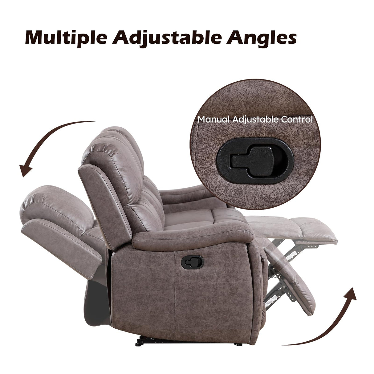 CANMOV Faux Leather Manual Reclining Sofa,3 Seat Recliner Couch Sofa with Overstuffed Arms and Back,Manual Recliner Sofa Set with Concealed Cup Holders for Living Room,Grey CANMOV