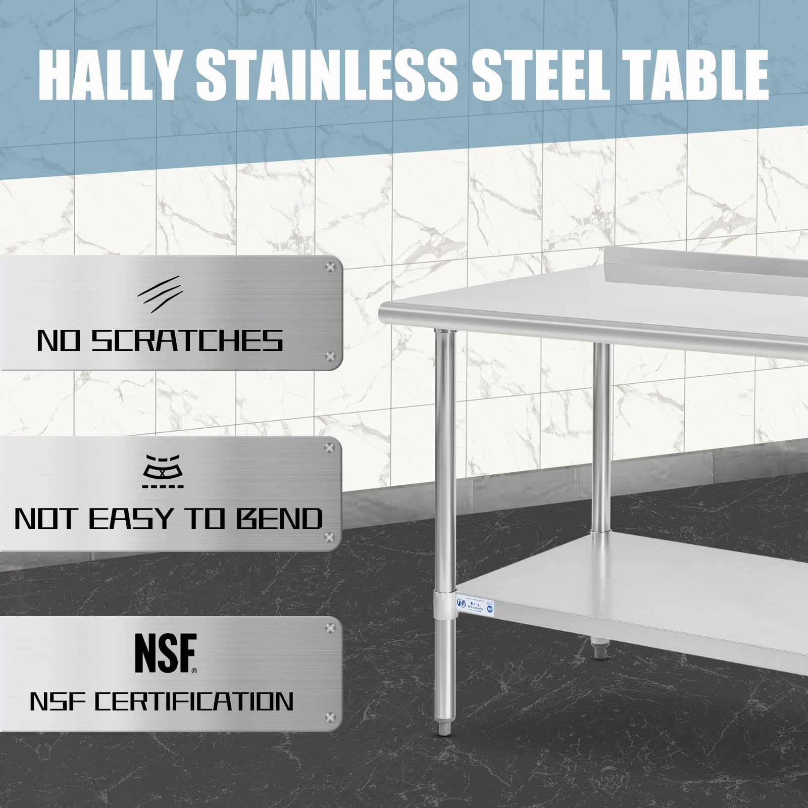 Hally Stainless Steel Table for Prep & Work 30 x 48 Inches, NSF Commercial Heavy Duty Table with Undershelf and Backsplash for Restaurant, Home and Hotel - WoodArtSupply