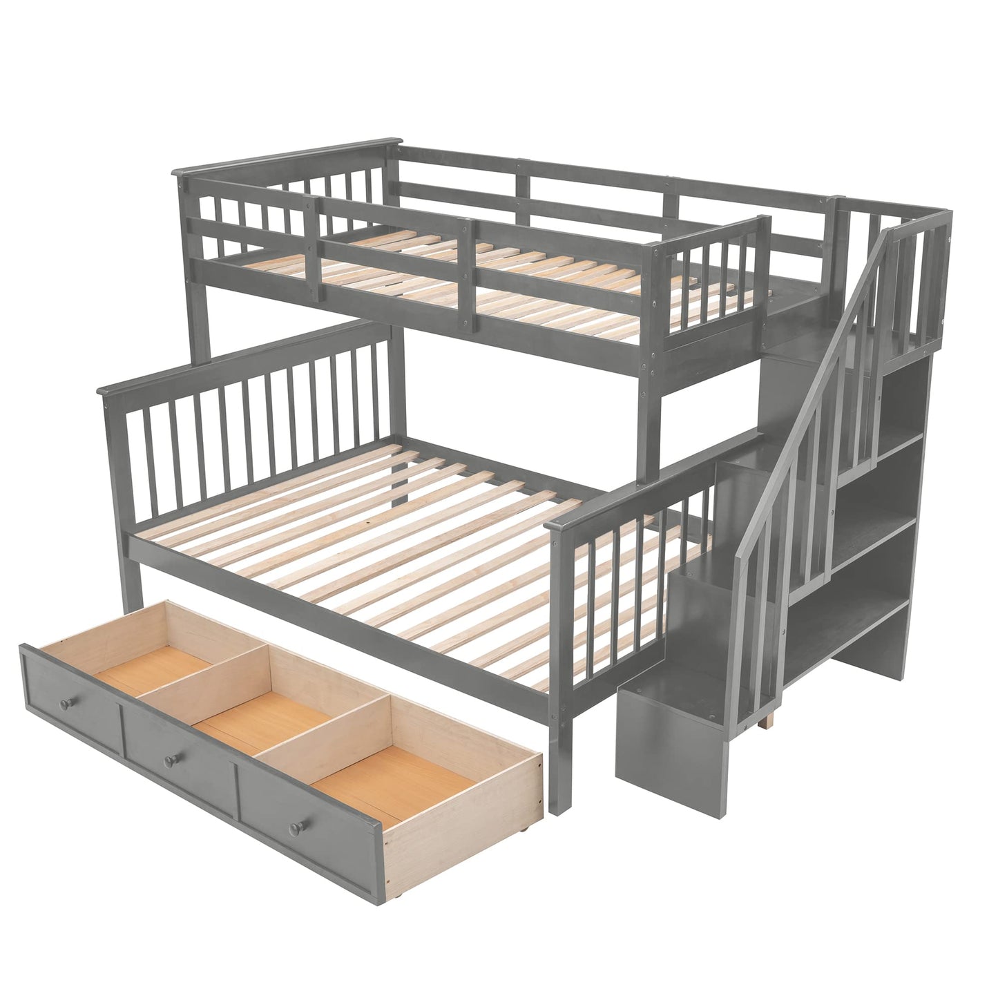 Twin Over Full Bunk Bed with Stairs and Storage Drawers by Harper & Bright Designs in Grey