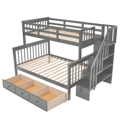 Twin Over Full Bunk Bed with Stairs and Storage Drawers by Harper & Bright Designs in Grey