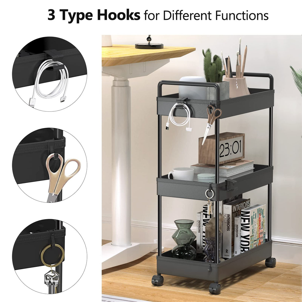 SOLEJAZZ Rolling Storage Cart, 3 Tier Utility Cart Mobile Slide Out Organizer, Bathroom Standing Rack Shelving Unit Organizer for Kitchen, Bathroom, Laundry Room, Black SOLEJAZZ