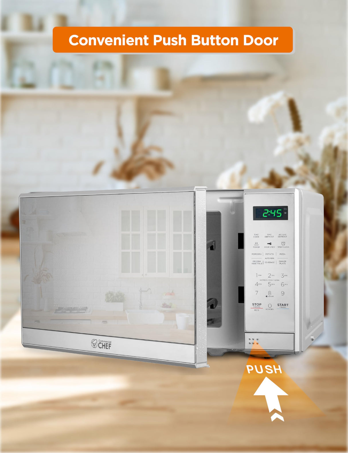 COMMERCIAL CHEF 0.7 Cu Ft Microwave with 10 Power Levels, 700W Microwave with Digital Display, Countertop Microwave with Child Safety Door Lock, Programmable with Push Button, Stainless Steel Commercial CHEF