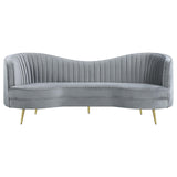 Enzo 2pc Living Room Sofa Set, Modern Curved, Gray Channel Tufted Velvet Benzara