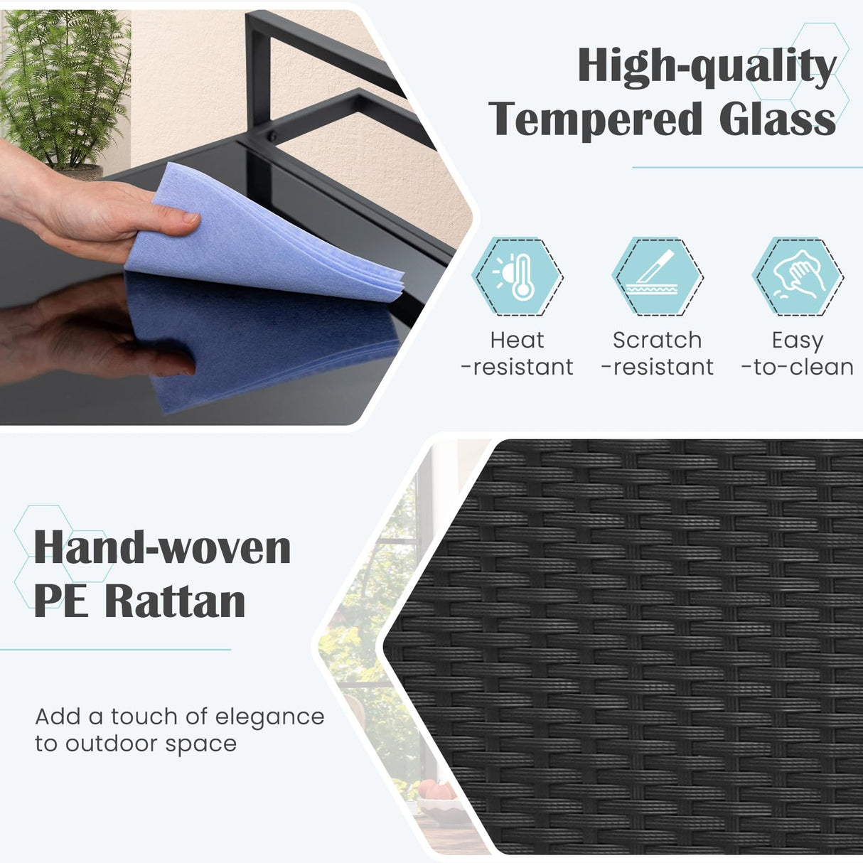 Tangkula Outdoor Bar Cart Table, Patiojoy Rolling Wicker Buffet Wheeled Serving Cart with Tempered Glass Top, Storage Cabinet & 8 Hooks, for Porch Backyard Garden Poolside (Black) Tangkula