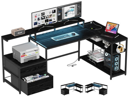 Bergoolin Black L-Shaped Gaming Desk with LED Lights, Power Outlets, and Ample Storage - WoodArtSupply