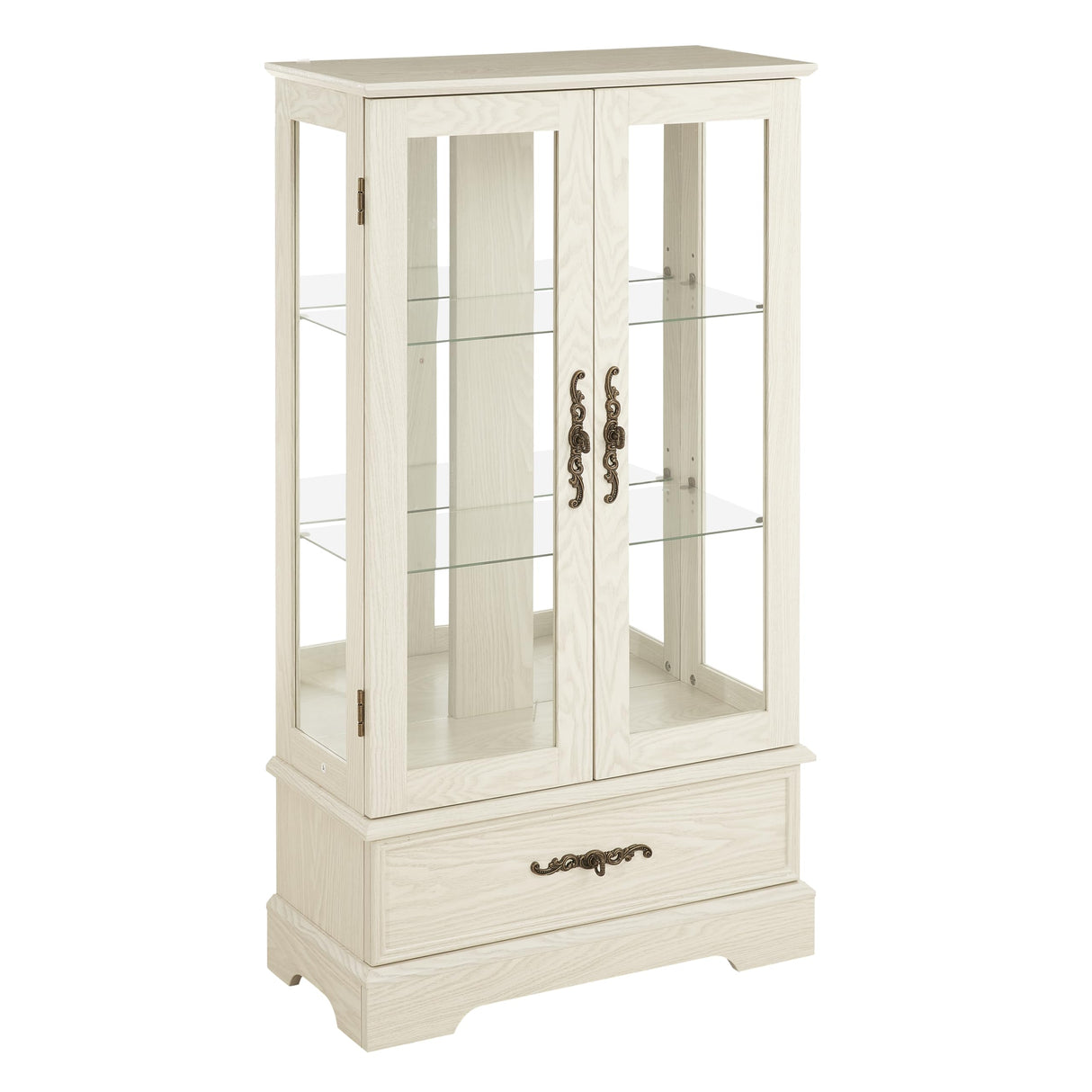 Curio Cabinet with Glass Doors Drawer, Lighted Display Cabinet with Adjustable Glass Shelves and Mirrored Back Panel, Retro Floor Standing Glass Storage Cabinet for Living Room, Antique White BAOMKONG
