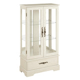 Curio Cabinet with Glass Doors Drawer, Lighted Display Cabinet with Adjustable Glass Shelves and Mirrored Back Panel, Retro Floor Standing Glass Storage Cabinet for Living Room, Antique White BAOMKONG
