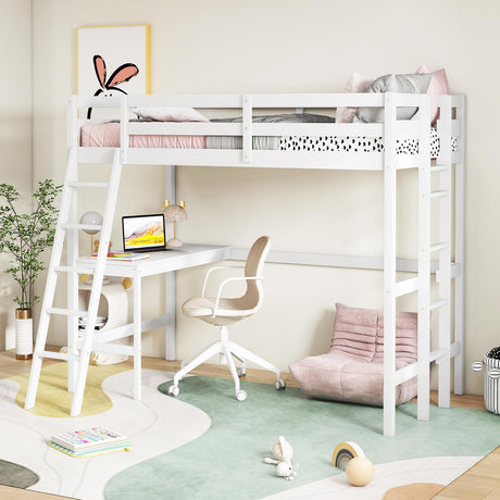 KOMFOTT Solid Wood Twin Loft Bed with Integrated Study Desk and Dual Ladders - Space-Saving Design for Teens and Adults (White) KOMFOTT
