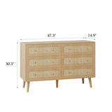 6 Drawer Rattan Dresser for Bedroom, Modern Natural Wooden Dresser, Beside Table for Closet, Boho Chests of Double Drawers for Bedroom, Living Room, Entryway, Hallway yesasin