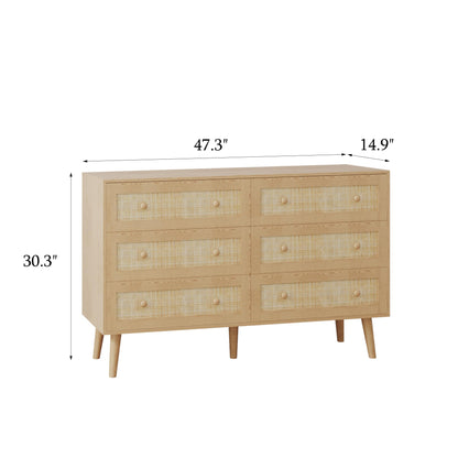 6 Drawer Rattan Dresser for Bedroom, Modern Natural Wooden Dresser, Beside Table for Closet, Boho Chests of Double Drawers for Bedroom, Living Room, Entryway, Hallway