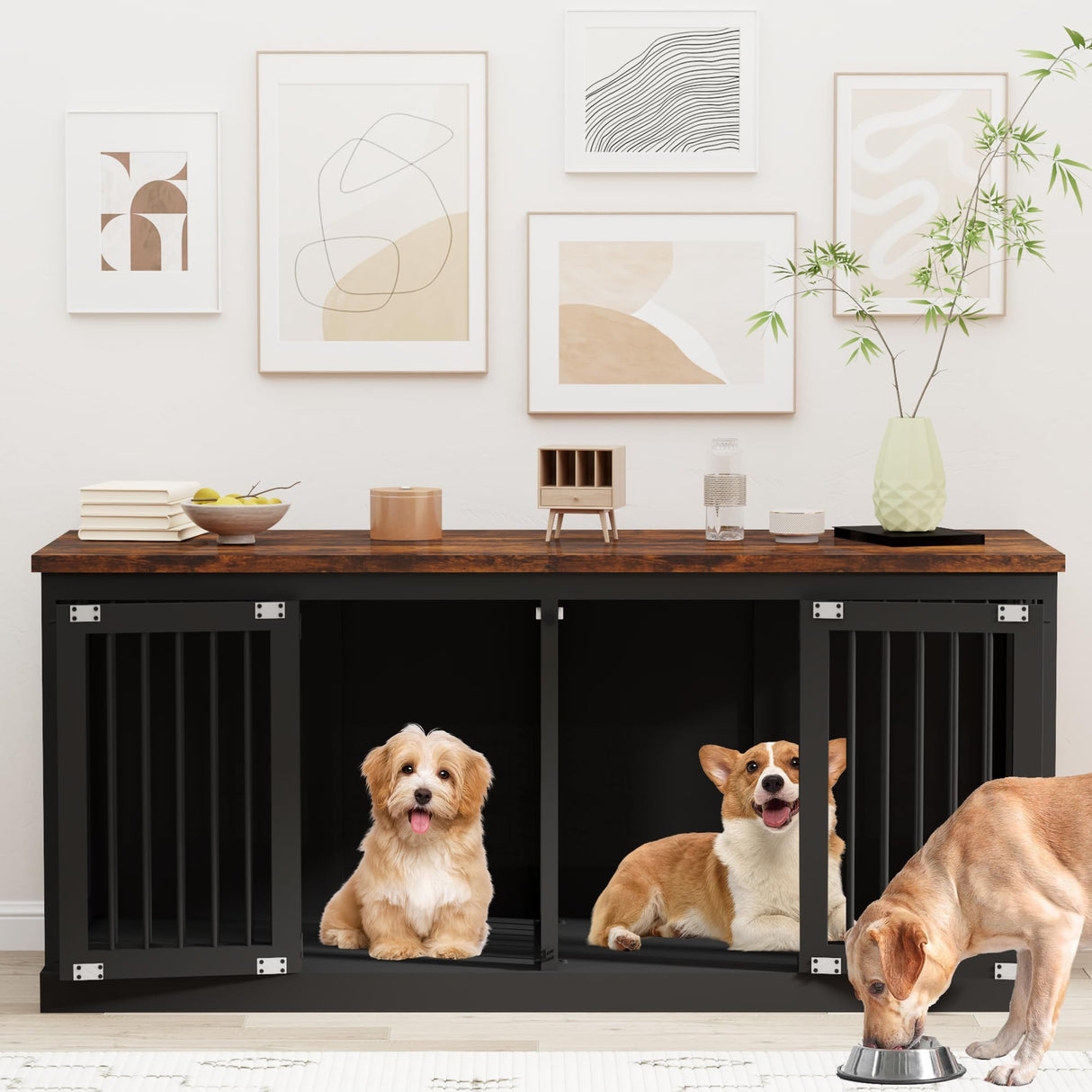 71 inches Extra Large Dog Crate Furniture Indoor Wooden Dog Kennel Furniture Heavy Duty Dog Crates TV Stand with Removable Divider for 2 Large Medium Small Dogs Black NEBZHASK