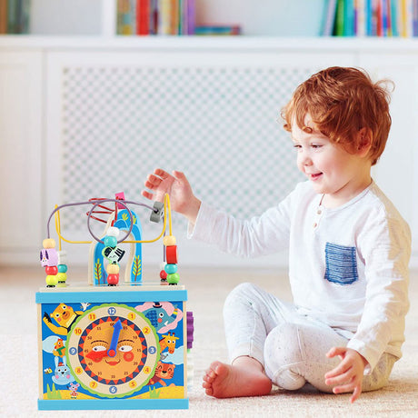 Qilay Wooden Activity Cube for Toddlers 3, 5 in 1 Multipurpose ABC-123 Abacus Early Educational Montessori Toys, Learning Toys for 3 Year Old | Bead Maze, Great for Boys Girls Toddlers Qilay