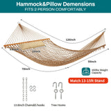 JoyView Traditional Rope Double Hammock - Hand Woven Cotton Hammock with Hardwood Spreader Bar and Pillow 450lb Capacity for Outdoor Indoor Patio Yard - Brown JoyView
