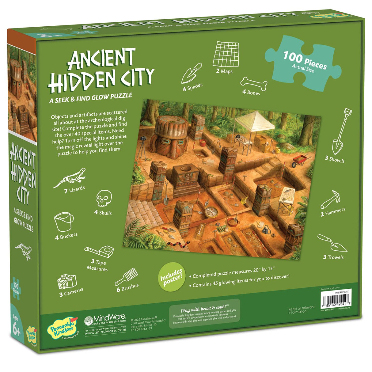 Peaceable Kingdom Ancient Hidden City Puzzle – 100-Pc. Seek & Find Glow Puzzle for Kids Ages 6 & Up – Included Blacklight Reveals Hidden Items – Great for Home or Classrooms Peaceable Kingdom