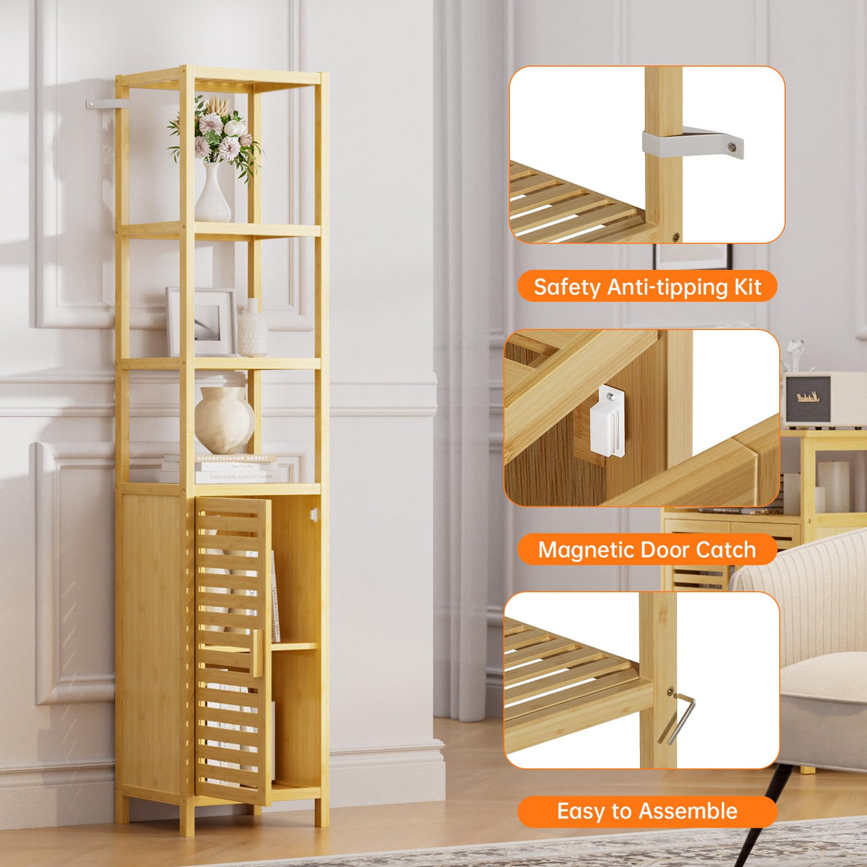 HITNET Bathroom Floor Cabinet, 6 Tier Tall Thin Linen Tower Storage Cabinet Free Standing Bamboo, Kitchen Side Organizer with 3 Shelves and Cupboard, Natural HITNET