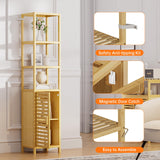 HITNET Bathroom Floor Cabinet, 6 Tier Tall Thin Linen Tower Storage Cabinet Free Standing Bamboo, Kitchen Side Organizer with 3 Shelves and Cupboard, Natural HITNET