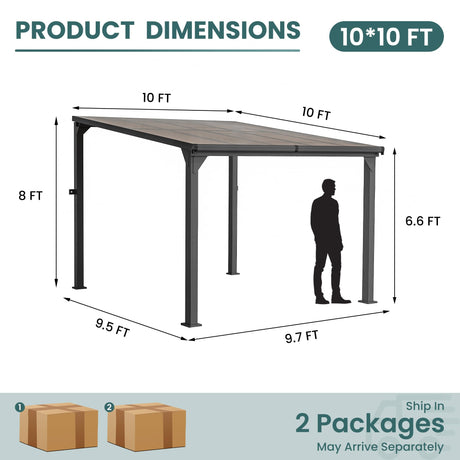 Pamapic 10 * 10FT Wall Mounted Gazebo,4*4 Inch Thickened Pillars & Enlarged Base,Outdoor Hardtop Lean to Pergola,UV Resistant Polycarbonate Roof,Aluminum Frame Pergola,Outdoor Patio Awnings for Lawn Pamapic