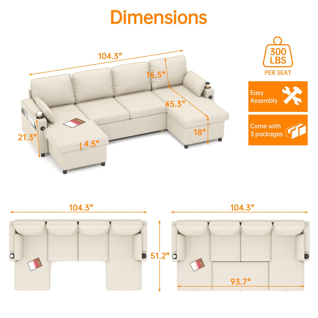 DURASPACE Sofa Bed Pull Out Couch Sleeper with Double Storage Chaise, U Shaped Convertible Sectional Sleeper Sofa for Living Room with USB Charging Ports, Cup Holder (Beige) DURASPACE