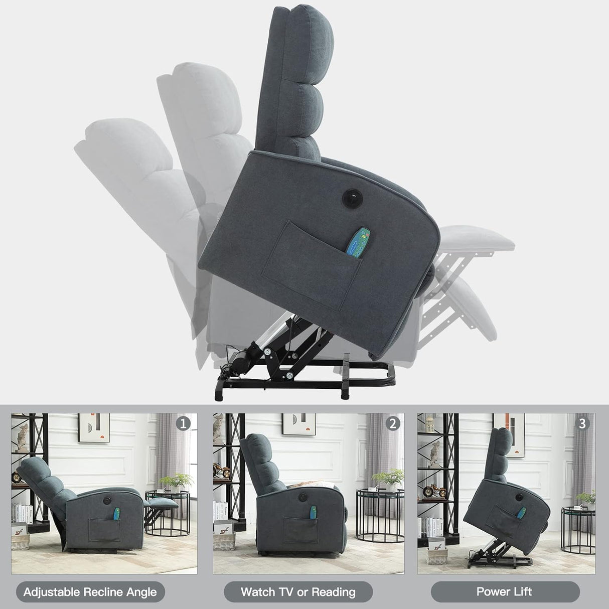 AVAWING Power Lift Massage Chair, Lift Recliner Chairs for Elderly, Electric Recliner W/Heat & Vibration, Linen Fabric Lift Chair with Side Pocket & USB Port for Living Room, Bedroom, Grey AVAWING