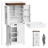 IRONCK Kitchen Pantry Cabinet 72" H, with 9 Shelves, 4 Barn Doors, Drawer, 6 Door Storage Shelves, Farmhouse Freestanding Rustic Wood Cupboard for Kitchen Dining Room White IRONCK
