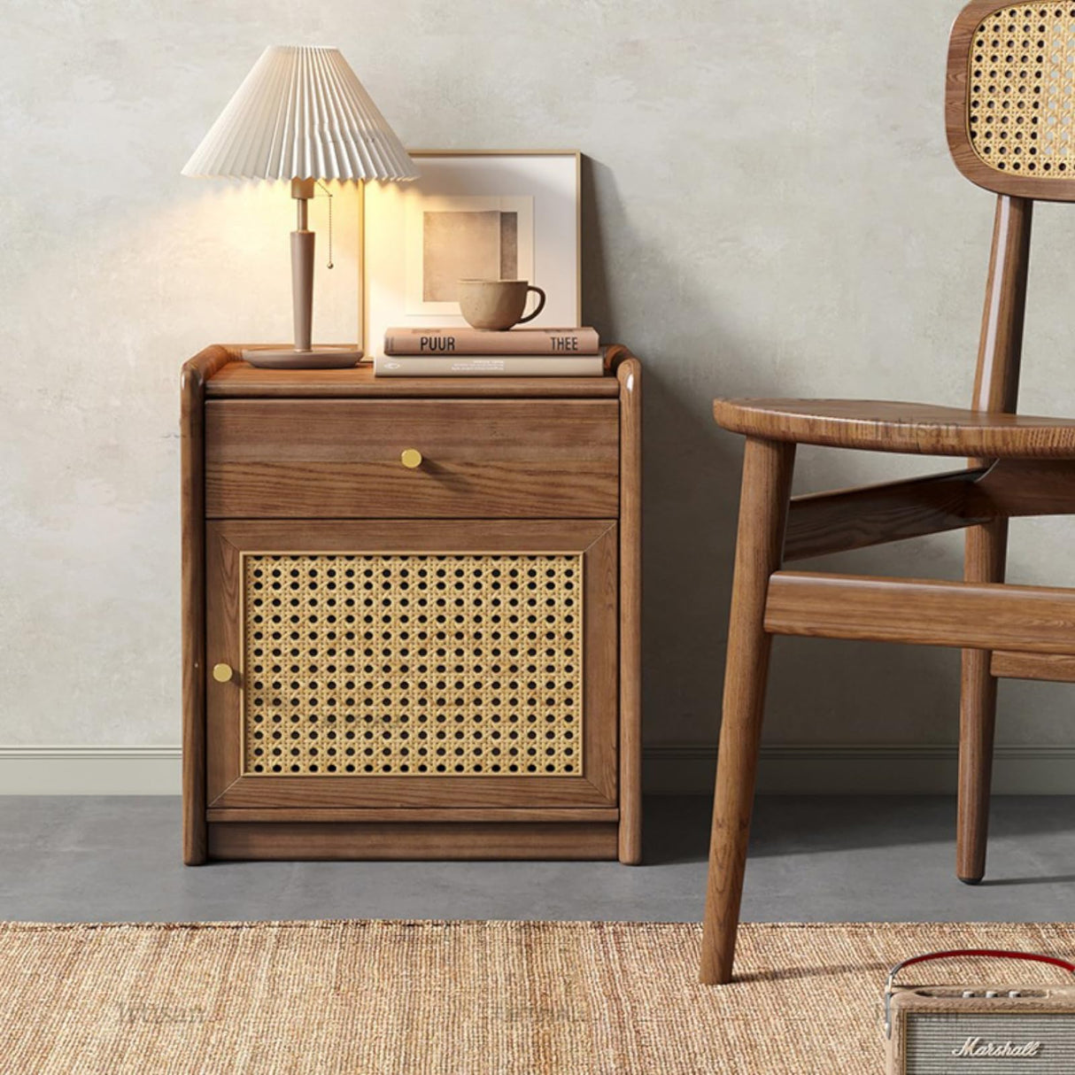 ETACHI Stylish Nightstand Side Table with Hidden Safe, Ash Wood Bedside Table with Gun Safe for Pistol, Protect Your Pistal and Valuables (Brown) ETACHI