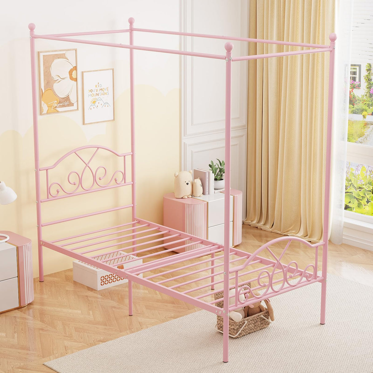 Weehom Princess Canopy Bed Frame with 4 Posters, Sturdy Metal Platform Mattress Foundation with Headboard&Footboard No Box Spring Needed Twin Size Bed for Kids Girls Adults Pink Weehom