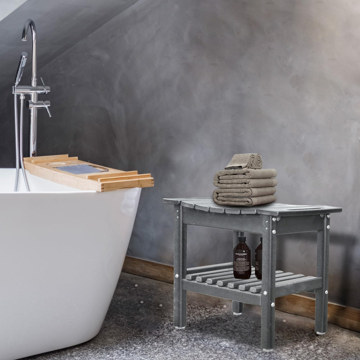 Restcozi HDPE Shower Bench Inside Shower Stool with Space-Efficient Storage Shelf, Shower Bath Chairs Spa Stool for Bathroom - Great for All Ages Unisex Elderly (Grey, Large & 19.3 * 11.8 * 17.3) Restcozi