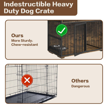 Large Dog Crate Furniture,86.6" Metal Frame Wooden Double Dog Kennel with 360°Adjustable Raised Feeder and Drawers for 2 Large/Medium/Small Dogs,Heavy-Duty Chew-Resistant,Rustic Brown - WoodArtSupply