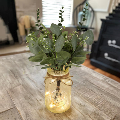 Lighted Mason Jar Centerpiece Set of 3 Eucalyptus Plant Decorative Jars Vase Farmhouse Table Decorations for Home Living Dining Room Wedding Christmas Thanksgiving Party