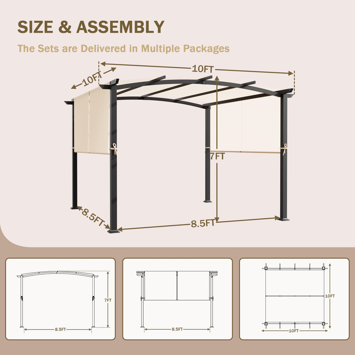 Meetleisure 10' x 10' Arched Top Outdoor Pergola, Pergola Canopy with with Adjustable and Retractable Canopy for Patio Use, Metal Pergola with Durable and Sturdy Frame & Water-Resistant Canopy, Beige MeetLeisure