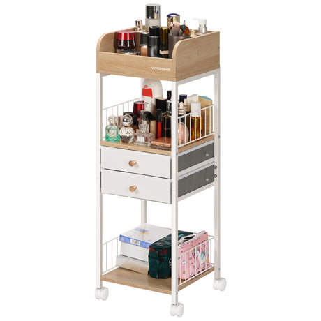 VIVOHOME Makeup Organizer with Drawers, Cosmetics Display Cases, 2 Shelves Floor Skincare Organizer Cart, Vanity Organizer Holder for Perfumes, Nail Polish, Hair Tools, Gift for Mom, Wood Color VIVOHOME