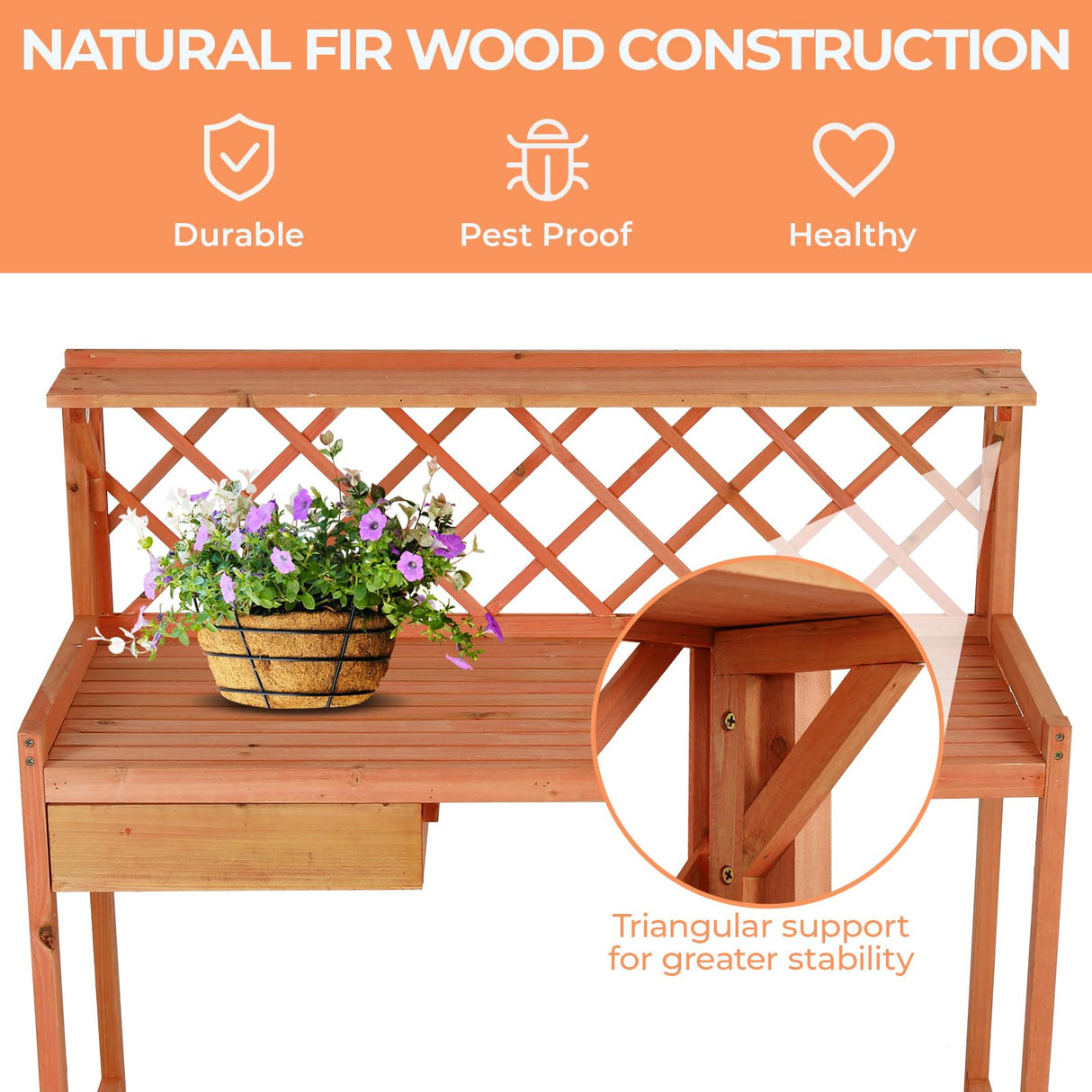 Arlopu Outdoor Potting Bench Garden Table with 4 Wheels, Wooden Planting Table Workstation w/Lattice Back, 3 Levels of Storage, Cabinet Drawer, Open Shelf, for Patio, Garden (Brown, 44.1") Arlopu