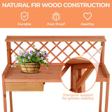 Arlopu Outdoor Potting Bench Garden Table with 4 Wheels, Wooden Planting Table Workstation w/Lattice Back, 3 Levels of Storage, Cabinet Drawer, Open Shelf, for Patio, Garden (Brown, 44.1") Arlopu