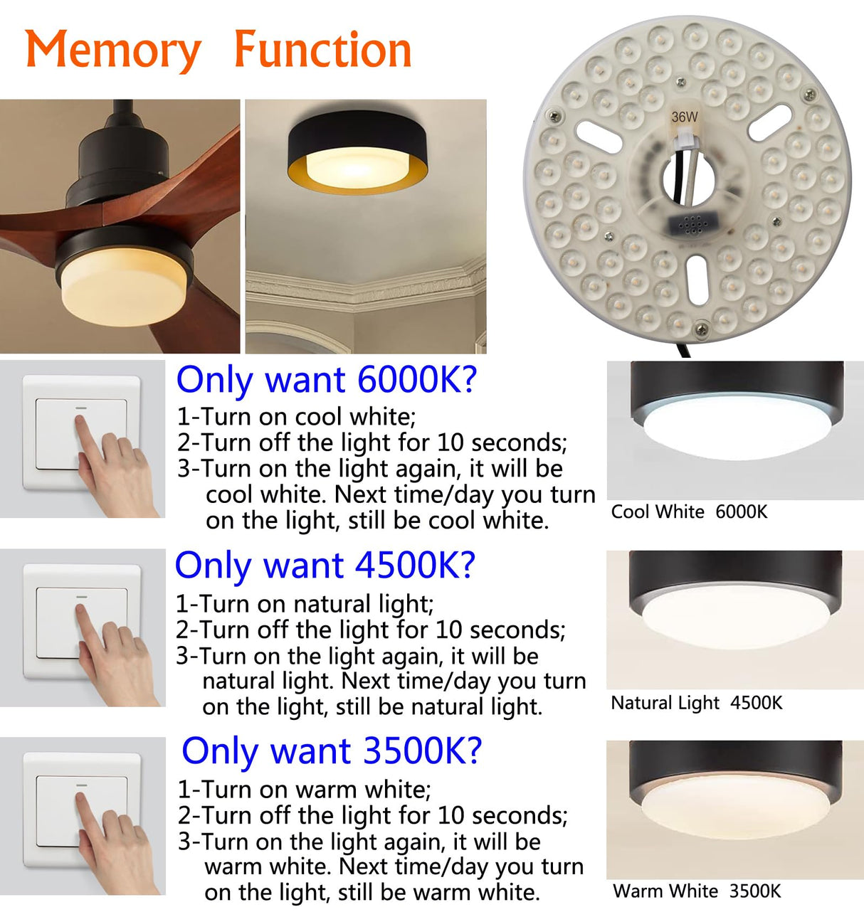 36W 6.4" LED Ceiling Fan Light Kit - Replacement LED Light Board Panel with 3 Color Temperature Memory Function OLYMSTAR
