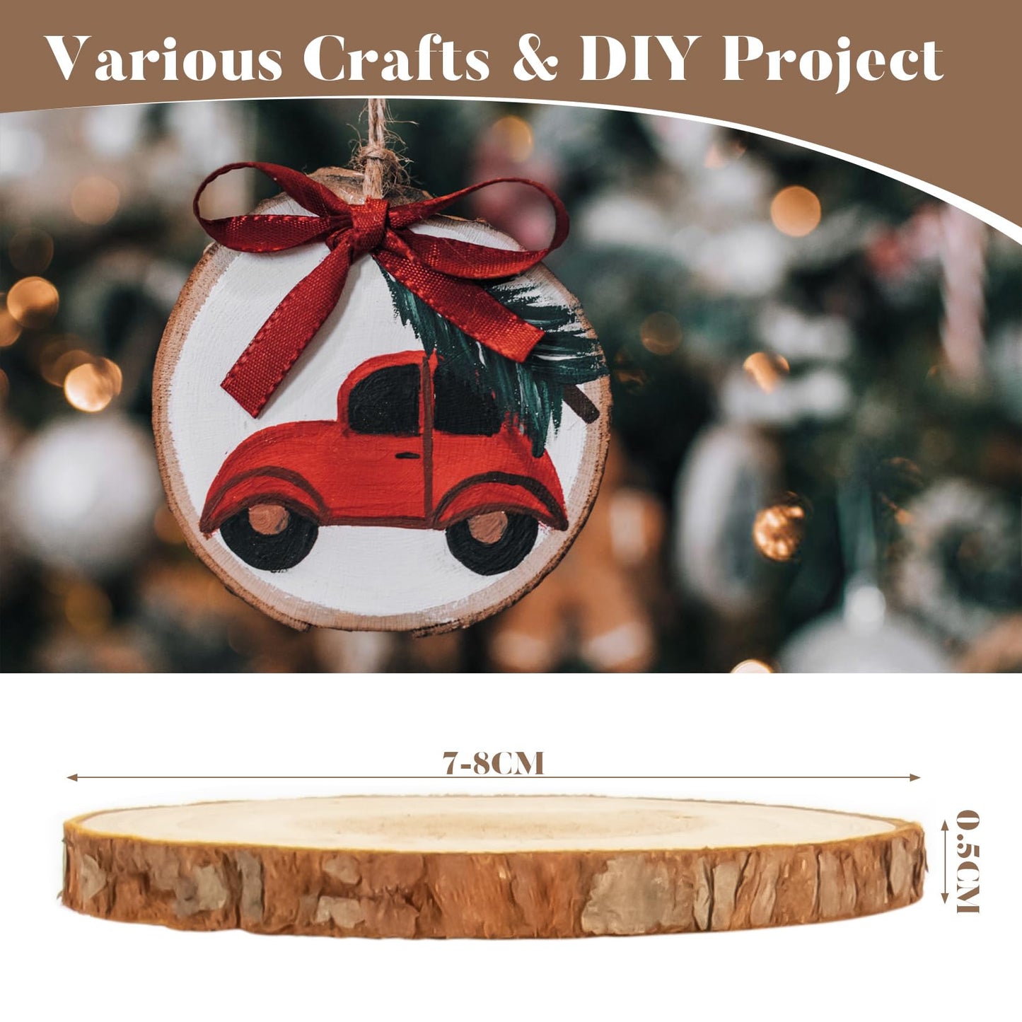 Sukh 20PCS Christmas Natural Wood Slices - Unfinished Wood Slices 2.7-3.1 Inches Wood Circles Predrilled with Hole Wood Circles Kit Wood Discs for DIY Christmas Ornaments,Arts,Crafts