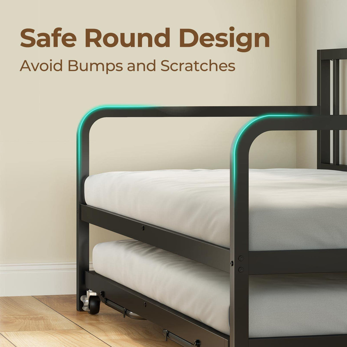 Rolanstar Daybed with Charging Station and LED Lights, Height Adjustable Twin Daybed with Trundle, Metal Sofa Bed Frame with Steel Slat Support for Living Room, Bedroom and Guest Room, Black Rolanstar