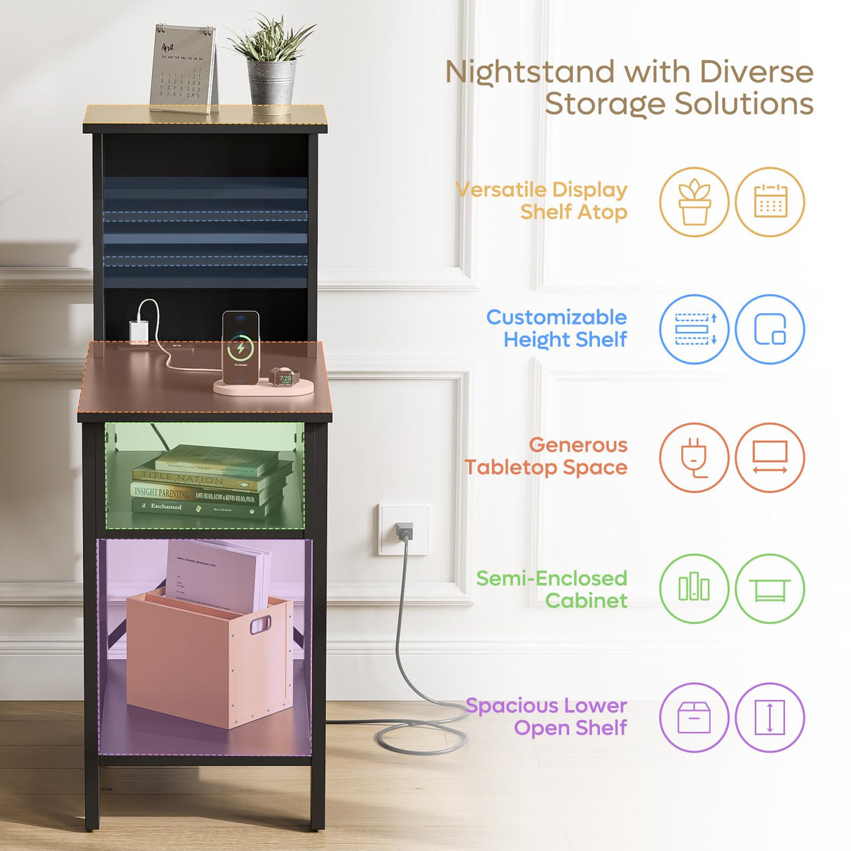 Bestier Tall Nightstand with Charging Station Set of 2, Bedside Table with Storage Cabinet & Shelves, Tall Side End Table for Bedroom, Black Bestier