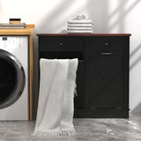 TOLEAD Double Tilt Out Trash Can Cabinet,Farmhouse Style Kitchen Trash Cabinet with Barn Door, Solid Wood Tabletop, Pet Proof Trash Can Odor Blocking, Wood Laundry Cabinet Keep Clean TOLEAD