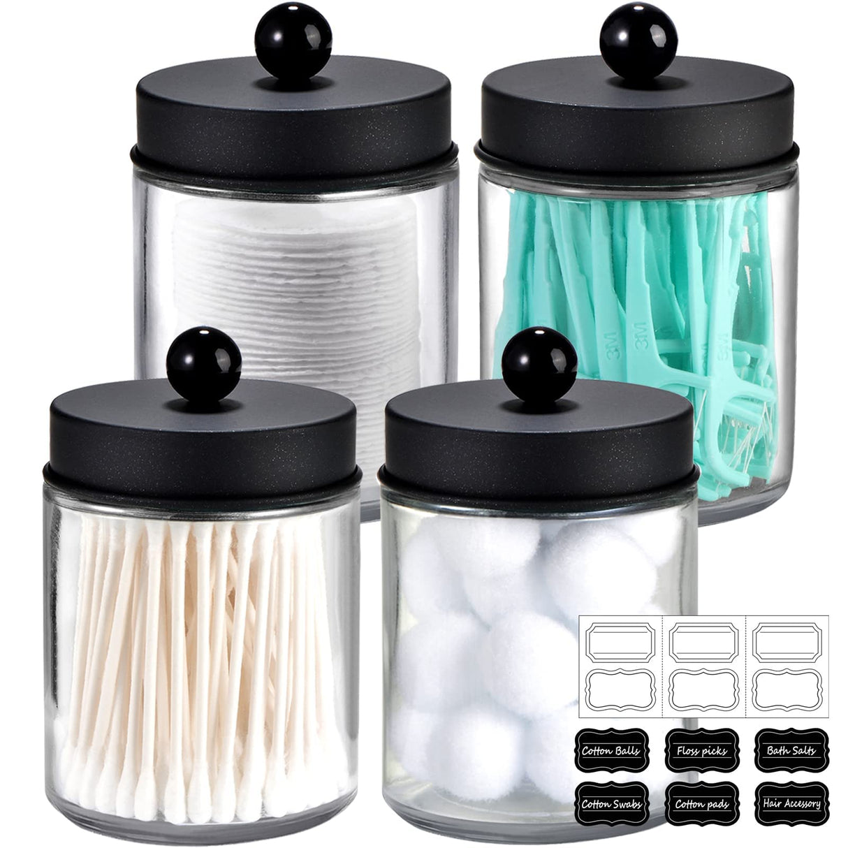 Amolliar 4 Pack Apothecary Jars Bathroom Vanity Storage Organizer Set -Countertop Canister with Stainless Steel Lids &Cute Stickers - Qtip Dispenser Holder for Qtips,Cotton Swabs,Makeup Sponges(Black) Amolliar