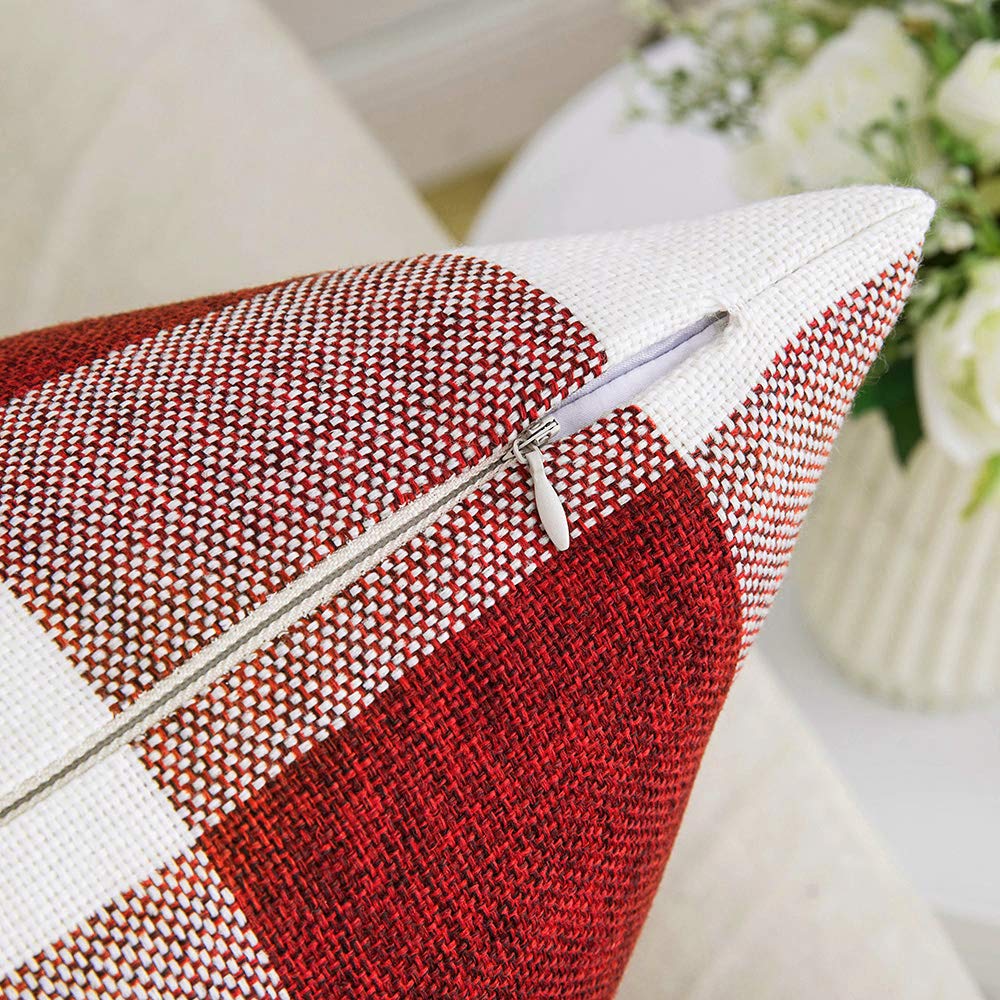 MIULEE Pack of 2 Christmas Classic Farmhouse Buffalo Check Plaids Linen Soft Soild Decorative Square Porch Throw Pillow Covers Home Decor Cushion Case for Sofa Bedroom 18x18 Inch, White and Red MIULEE