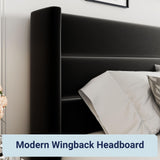 Allewie King Size Velvet Lift Up Storage Bed, Modern Wingback Headboard, Hydraulic Support, No Box Spring Needed, Black Allewie