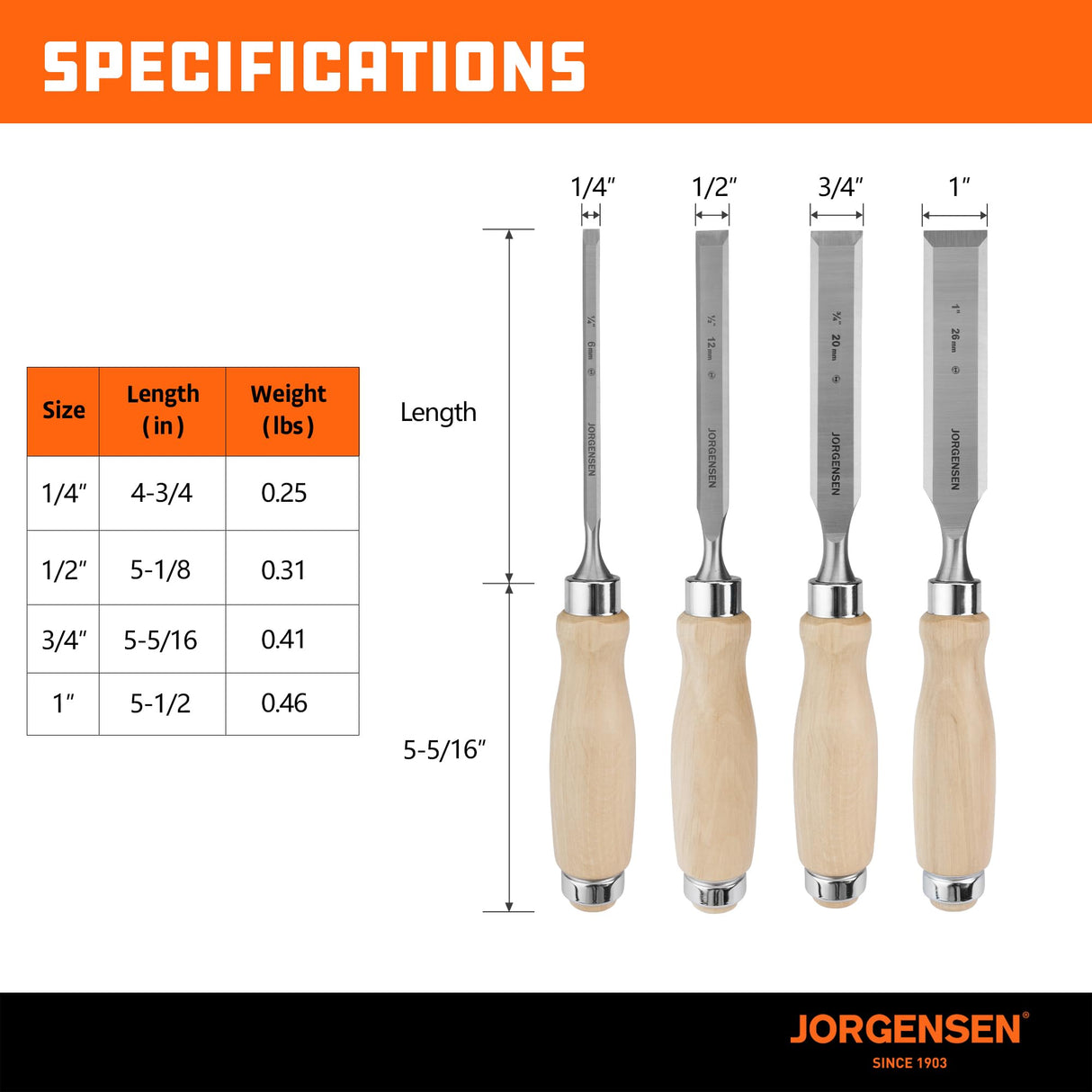 Jorgensen 4-Piece Wood Chisel Set, Chromium Alloy Steel Beveled Edge Wood Chisels, Wood Chisels for Woodworking, Ergonomic Hardwood Handle with Metal Ferrule, 1/4", 1/2", 3/4", 1" Jorgensen