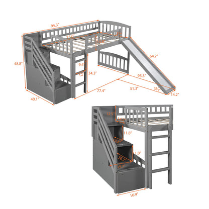 Twin Loft Bed with Slide and Storage Stairs for Kids - Grey - WoodArtSupply